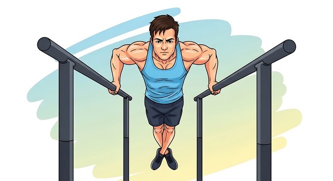 Muscular man performing dips on parallel bars for strength training