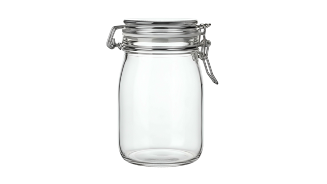 Transparent glass jar with a metallic hinged lid, isolated on black, empty and ready