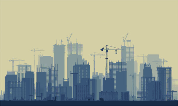 Urban skyline showing construction cranes over modern city buildings in development, great for architecture firms