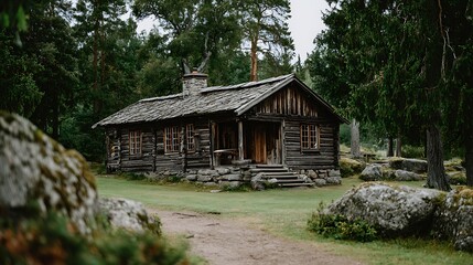Fototapeta premium Rustic Wooden Cabin Surrounded by Green Trees in Natural Forest Setting