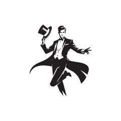 Vector illustration of a sketch of a male magician in full attire, including hat, suit, and typical magician equipment, drawn in a dynamic dancing pose.