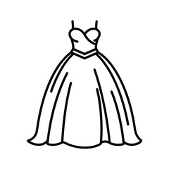 Simple black and white line art icon of a formal ball gown dress with a sweetheart neckline, isolated on