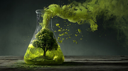 Verdant Growth Within Glass Flask Emitting Green Smoke tree liquid