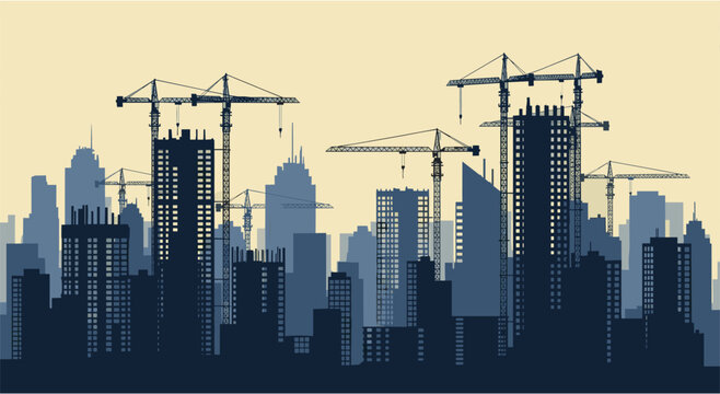 Modern city skyline illustration with active construction cranes and new buildings rising up creating a vibrant cityscape