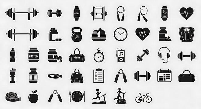 Collection of black fitness and gym equipment icons on a white background - Powered by Adobe