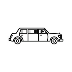 Black and white line art icon of a classic stretch limousine viewed from the side, isolated on