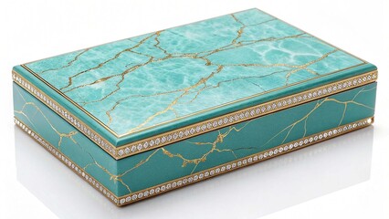 Diamond-Encrusted Turquoise Marble Lacquer Jewelry Casket Isolated Object Glamorous Blue-Green Box for Wedding or Engagement