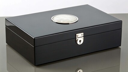 Elegant Black High-Gloss Lacquered Keepsake Box with Mother of Pearl Inlay. Luxury Ebony Wood Box with Silver Clasp on Reflective Surface
