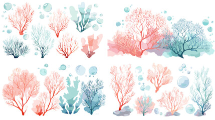 A vibrant watercolor coral collection featuring soft pastel ocean plants and marine elements. Perfect for coastal artwork, underwater themes, and decorative nature designs.