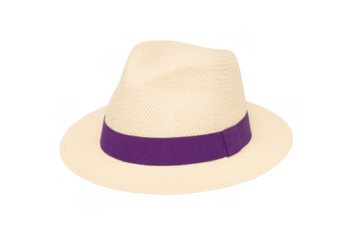 Straw fedora hat with purple band, classic style for summer fashion and travel, isolated on transparent background