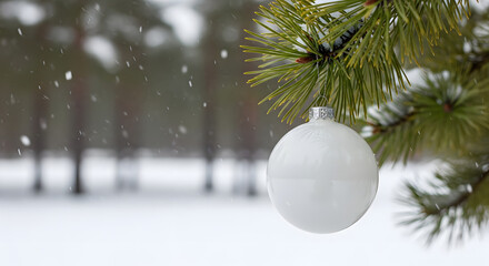 Close-up of a white Christmas bauble decoration on a green pine branch with falling snow in a winter landscape