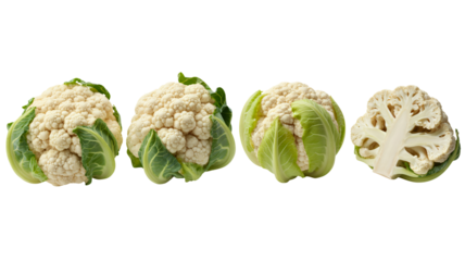 Four fresh cauliflower heads offer healthy eating inspiration, from whole to half cut, perfect for culinary creations and nutritious meal planning ideas