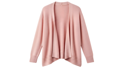 Front-facing view of a light pink, open-front cardigan with long sleeves, isolated on black