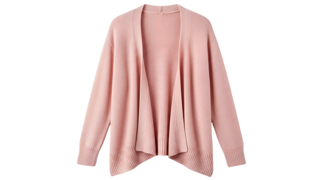 Front-facing view of a light pink, open-front cardigan with long sleeves, isolated on black