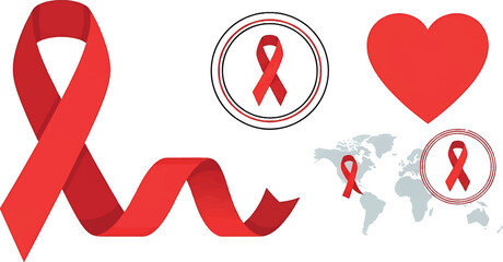 Collection of Red Ribbon Icons Symbolizing Awareness and Support for Health Causes