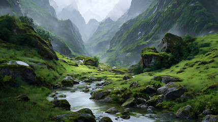 Verdant Valley River Flowing Through Mossy Rocky Terrain mountains green