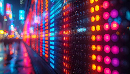 Digital Data Display in Urban Nightscape: A captivating display of digital data illuminates the city streets, a symphony of colors and information. The vibrant lights blend with the urban nightscape.