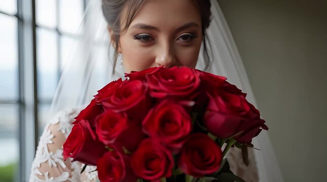 Close-up photograph of a bride holding a bouquet of vibrant red roses in a white strapless lace dress, with her hands gently clasping the stems