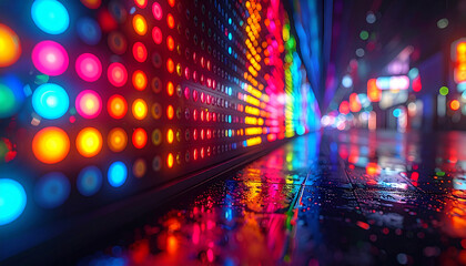 Vibrant City Lights: A captivating display of multi-colored lights reflecting on a wet surface, casting a magical glow over the urban landscape.