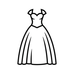 Simple black and white line art icon of a formal ball gown or wedding dress isolated on