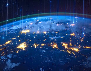 Earth from space with data streams and city lights.