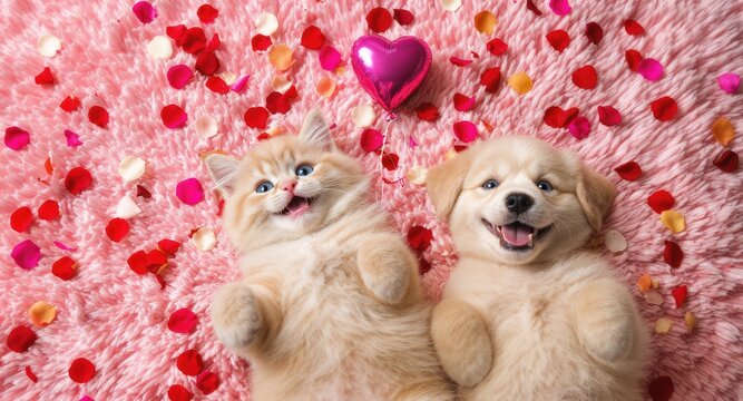 Cute Fluffy Kitten and Playful Puppy Lying on Pink Fur with Heart Balloon and Confetti
