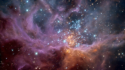 Vibrant celestial nebula with clusters of glowing stars and swirling cosmic gas clouds space astronomy
