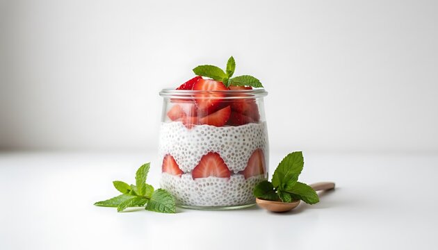 Healthy strawberry chia seed pudding layered with fresh fruit and mint - Powered by Adobe