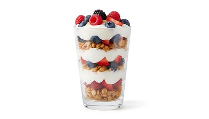Healthy yogurt parfait with fresh berries and granola in a tall glass