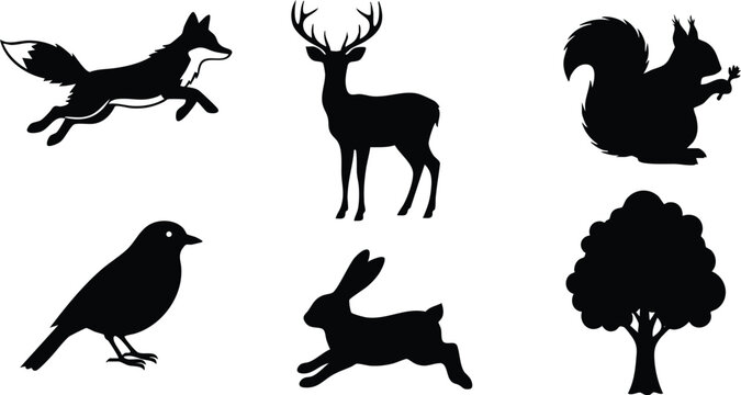 Forest animal silhouettes including fox deer squirrel bird rabbit and tree black vector illustration