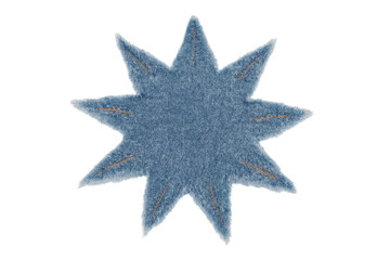 Obraz premium Blue eight-pointed star denim patch with frayed edges, detailed stitching, transparent background, fabric texture