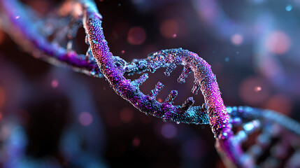 Vibrant helical strands with intricate molecular structure and glowing bokeh helix molecule