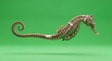 Naklejka premium Seahorse swims gracefully against a vibrant green background.