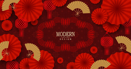 Exquisite red card with Chinese fan and isolated figured frame.