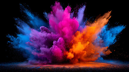 Vibrant powder explosion magenta blue orange burst abstract background