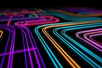 Vibrant glowing neon lines create a complex abstract pattern on a dark background
