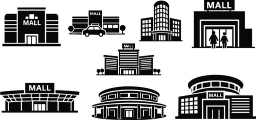 Shopping mall building icons set with storefronts and entrance silhouettes in black vector illustration