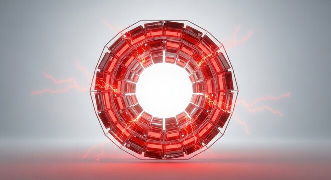 Futuristic energy portal concept, red glowing structure with lightning effects and bright center