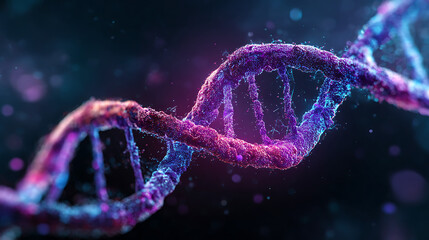 Vibrant purple and blue D N A helix structure with glowing particles double helix molecule