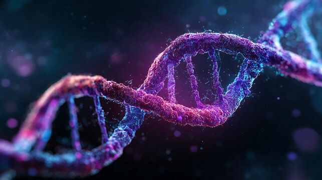 Vibrant purple and blue D N A helix structure with glowing particles double helix molecule