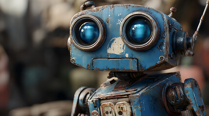 Weathered blue robot with glowing blue eyes and metallic details glowing eyes