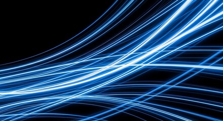 Abstract flowing blue light trails on black background dynamic design