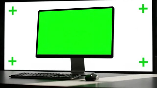 Green Screen computer desktop with mock up white background in office zoom shoulder view scene 4 distortion, overlay, glitch, static noise, scan lines on black background, 4k animated video loop