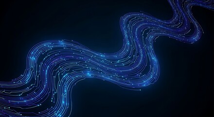 Abstract flowing blue lines on dark background digital data stream