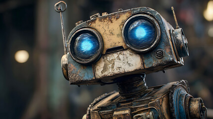 Weathered robot with glowing blue eyes droid artificial intelligence