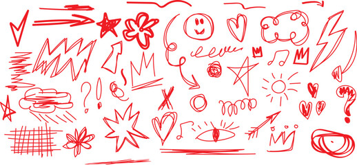 Collection of red hand drawn doodle icons and symbols A chaotic assortment of red hand-drawn doodles, including stars, lightning bolts, eyes, and abstract shapes on a white background.