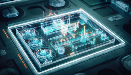 a close-up of a complex machine with glowing, holographic projections, hinting at cutting-edge technology and intricate engineering.