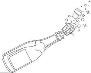 Champagne bottle popping with cork flying in continuous line art illustration