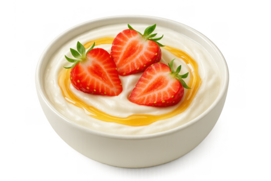 Yogurt bowl with strawberries and honey, a refreshing and healthy breakfast or snack option, transparent background
