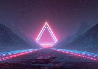 Night scene with neon triangles, reflective road, and mountains under a starry sky